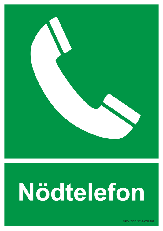 skylt nödtelefon grön, med text