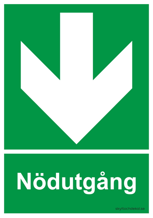 skylt nödutgång ner, med text